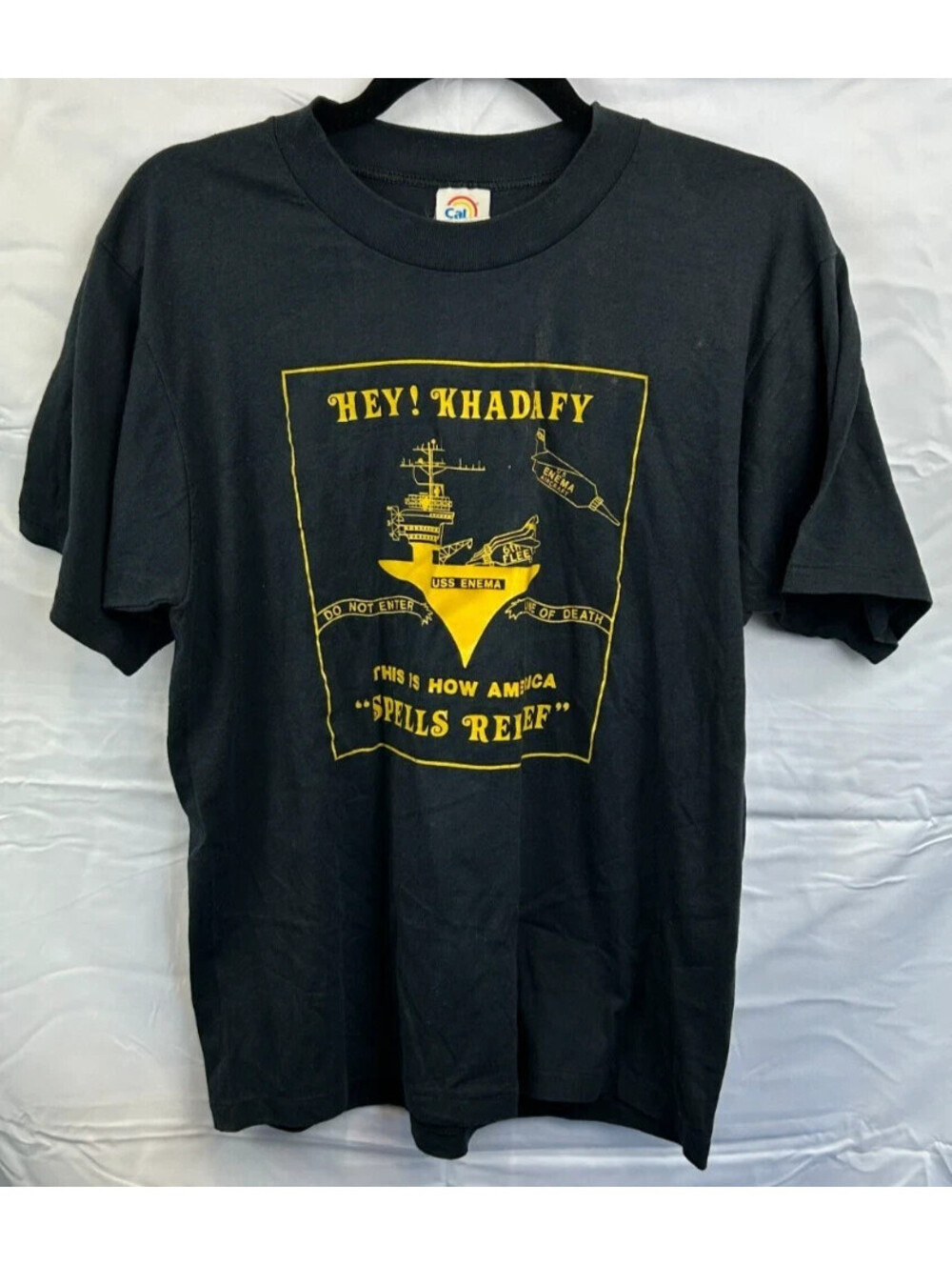 Vintage Cal Cru Men's Large Hey! Khadafy USS Enema Black Spell Out T-Shirt